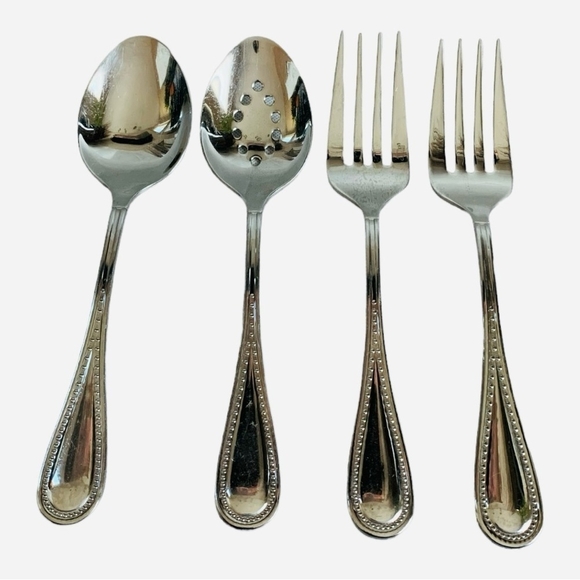 4 Serving Spoon Fork Set Gourmet Settings Stainless Steel Serving Spoons & Forks - Picture 2 of 4